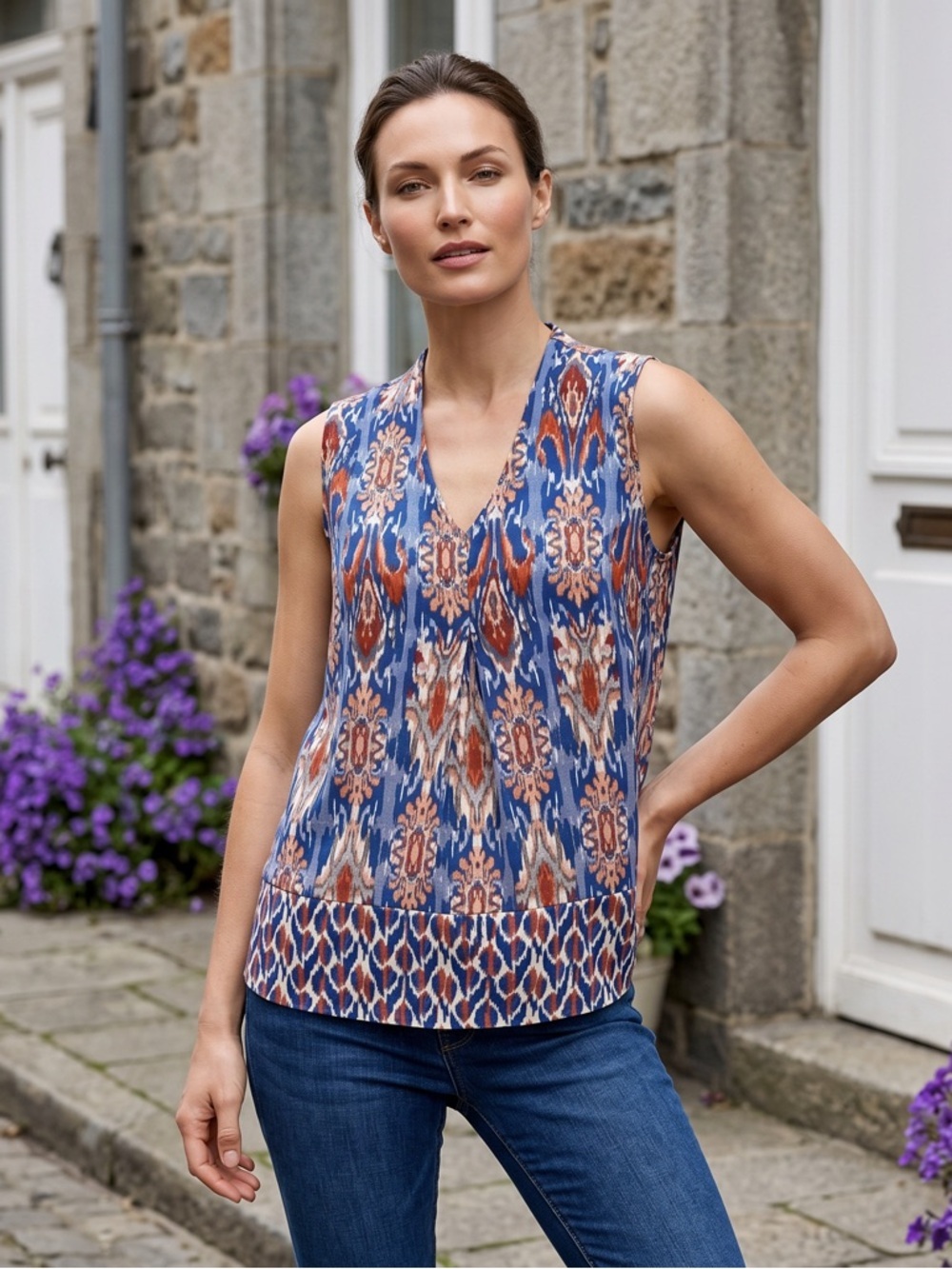 Tribal Boho Inspired Sleeveless Top with a V-Neckline. Beautiful Color Palette
